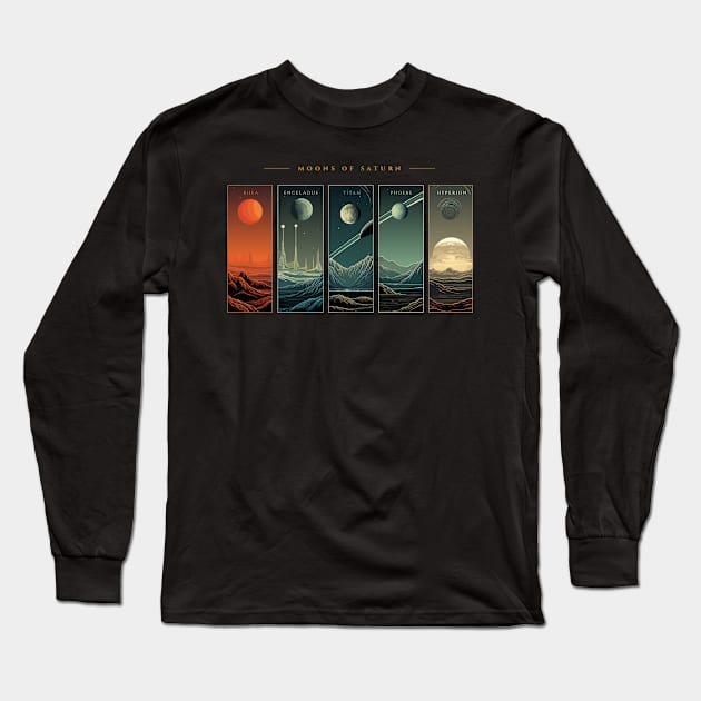 Saturn Moons, Space Exploration Cosmos Planet Art Long Sleeve T-Shirt by Moonfarer